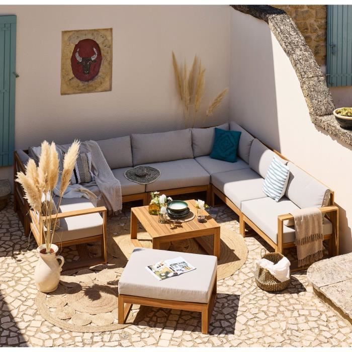 Conjunto modular de jardín esquinero LEVATA XXL - Madera de acacia con certificación FSC - 9 plazas - Gris lino + Funda incluida