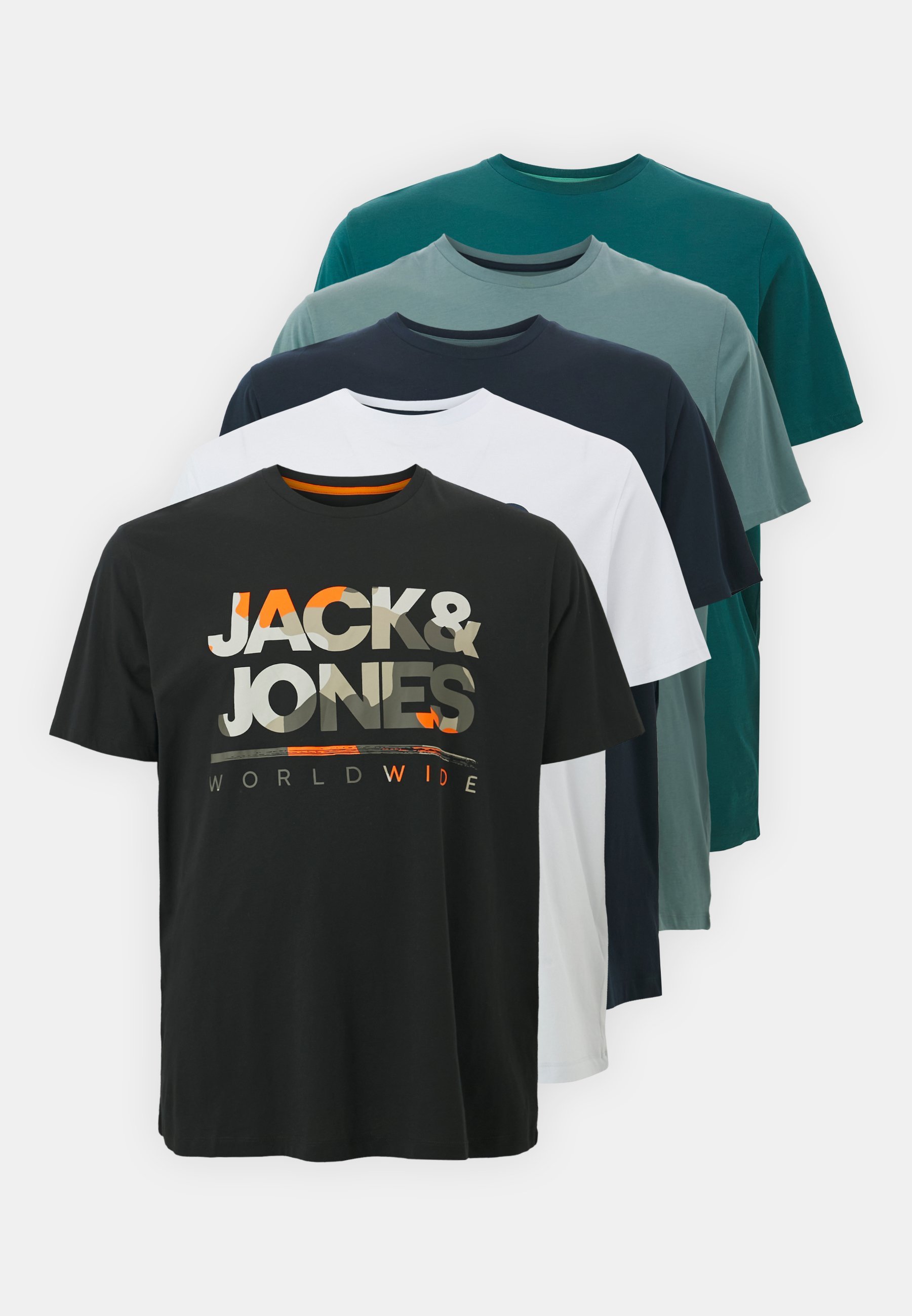 Jack & Jones JJLUKE PLUS TEE PACK - T-shirt stampata - blu goblin/bianco/nero/verde acqua/blu navy blazer