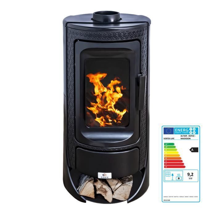 Estufa de leña de hierro fundido ROYCE de 9,2 kW – 78 % de eficiencia – Calienta 205 m³ – Salida de humos de 150 mm – Diseño compacto y robusto – Clase A