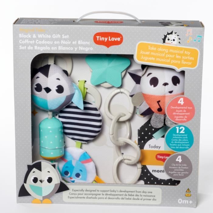 Set regalo TINY LOVE con giocattolo musicale, giostrina frusciante, campanellino, stella, 4 clip per passeggino e 12 carte per le tappe fondamentali, bianco e nero.