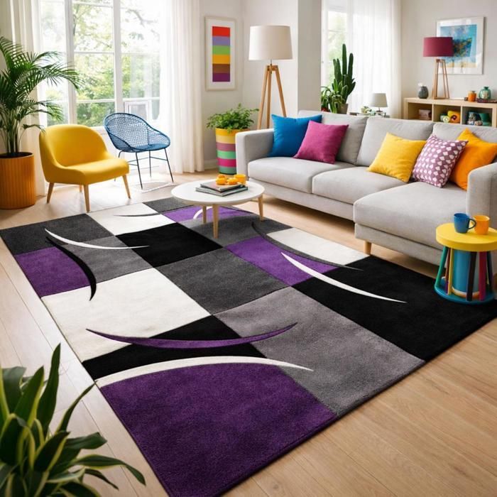 Tapete para sala de jantar 200x290, tecido, padrão xadrez retangular roxo LYN8 COMMA