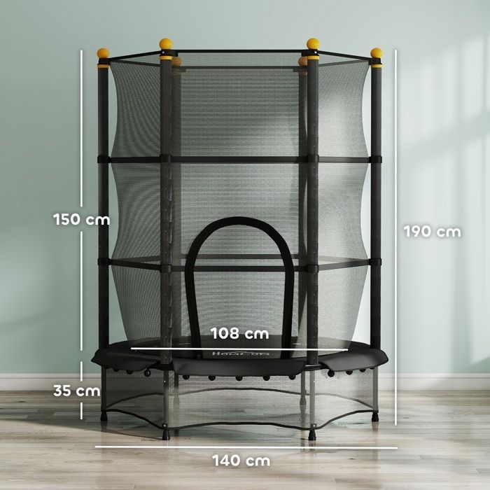 HOMCOM Children's Trampoline Ø 1.40 × 1.90H m Safety Net Zipped Door Spring Covers 6 Padded Poles Included Black
