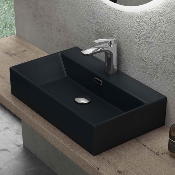 doporro Matte Black Countertop Washbasin, Wall-Mounted Ceramic Rectangular Hand Basin for Bathroom, Brüssel206, 60x36x13cm