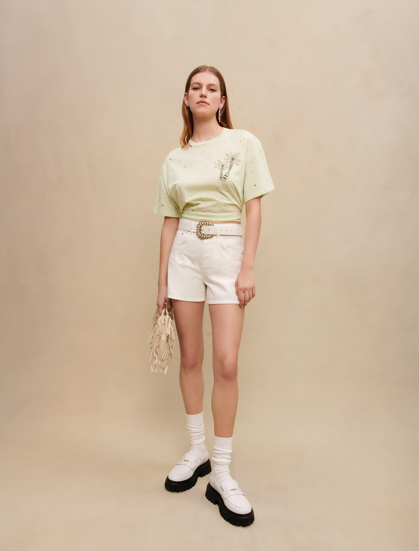 Tricou cu cristale și palmieri - Vert acid