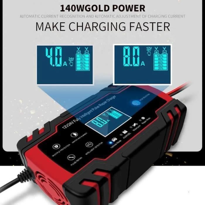12V/24V 8A Smart Battery Charger, Battery Maintainer and Automatic Repair Function, Portable with Screen