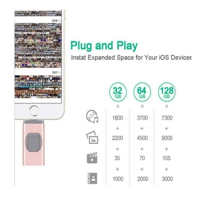 Pen drive USB 3.0 - Compatível com iPhone - 128 GB - Armazenamento - Android OTG - Sincronização com iOS