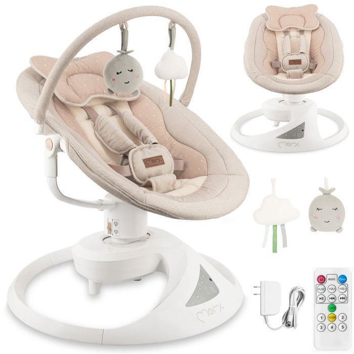 MoMi PEARL - Altalena elettrica per neonati a 360° - 5 velocità, 10 melodie, Bluetooth - Schienale regolabile - Barra giochi - Beige