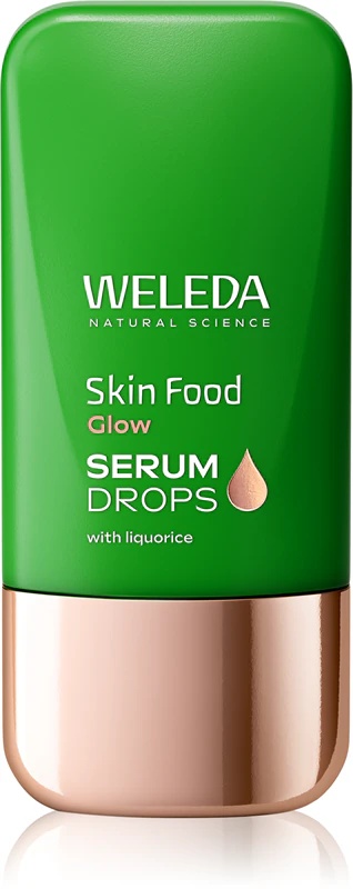 „Weleda Serum Drops Skin Food Glow“ skaistinamasis serumas, suvienodinantis odos atspalvį.