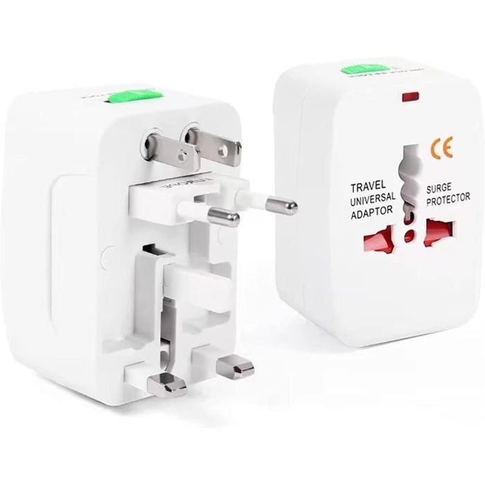 Adaptador de viaje universal todo en uno: 4 enchufes (Reino Unido/EE. UU./Australia/UE), compatible con más de 180 países y carga 5 dispositivos.
