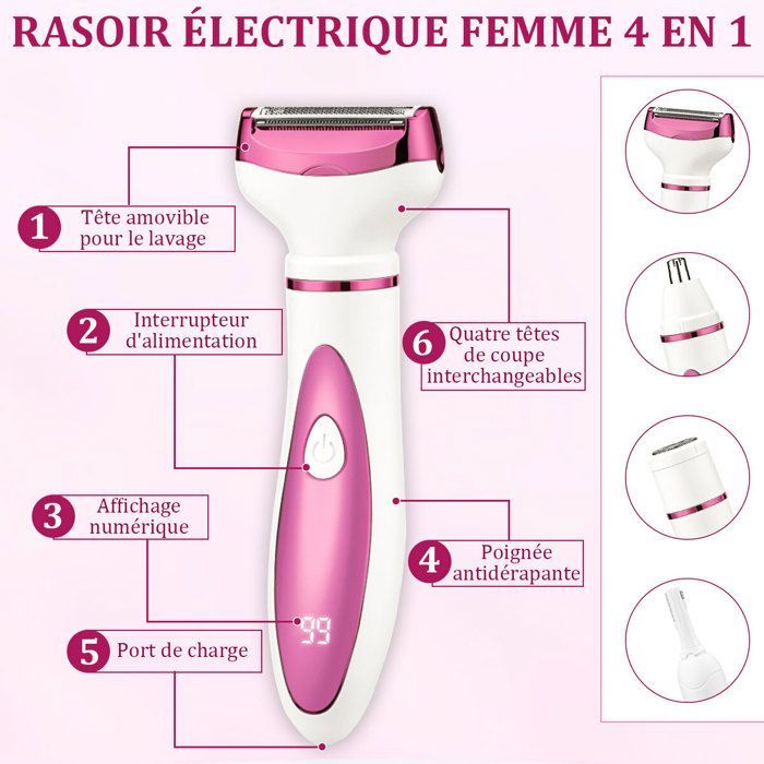 Afeitadora eléctrica para mujer - Recortadora corporal indolora 4 en 1 para bikini, rostro, cejas, nariz y axilas - Recargable por USB