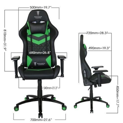 Siège Gaming - BERSERKER GAMING - THOR LUXURY BLACK GREEN - Simili cuir - Accoudoirs 4D - Inclinaison 90° à 180°