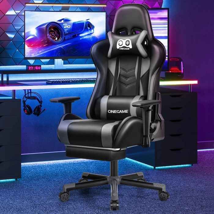 Chaise gamer ergonomique inclinable 165° avec repose-pieds, soutien lombaire et assise épaisse