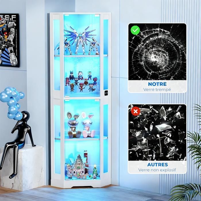BROTTAR Vitrine d’Angle LED 3 Couleurs Détecteur de Mouvement Blanc Rangement Figurines Salon Bureau Salle de Jeux