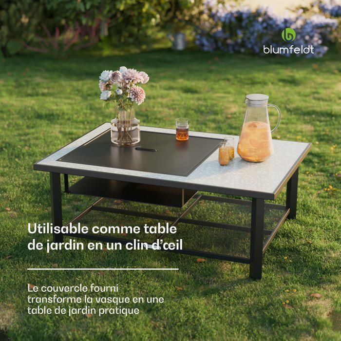 Brasero Blumfeldt Merano Avanzato L 3 en 1 con función de barbacoa, también se puede usar como mesa, 122 x 87 cm, negro.