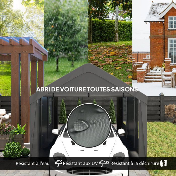 Carport tente de garage - Outsunny - 3 x 6 m - parois latérales amovibles, 2 portes enroulables et 4 fenêtres - gris foncé