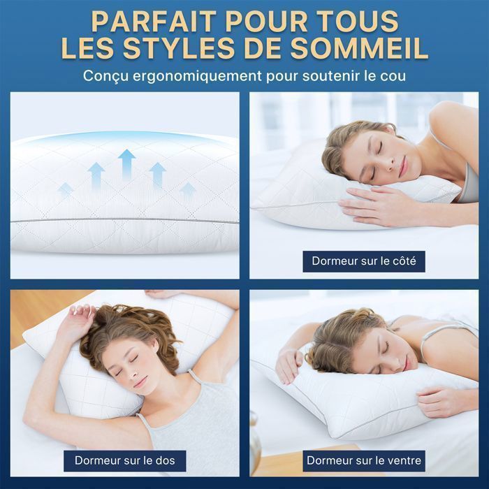 Juego de 2 almohadas de 60x60 cm, 100% fibras de poliéster huecas 7D, transpirables, hipoalergénicas, antiácaros, con certificación Oeko-Tex.