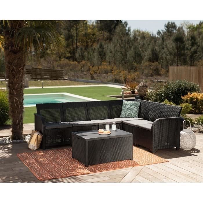 Conjunto de muebles de jardín ALLIBERT de 6 plazas en resina imitación mimbre con mesa de centro y espacio para guardar cojines - SanRemo - Gris grafito