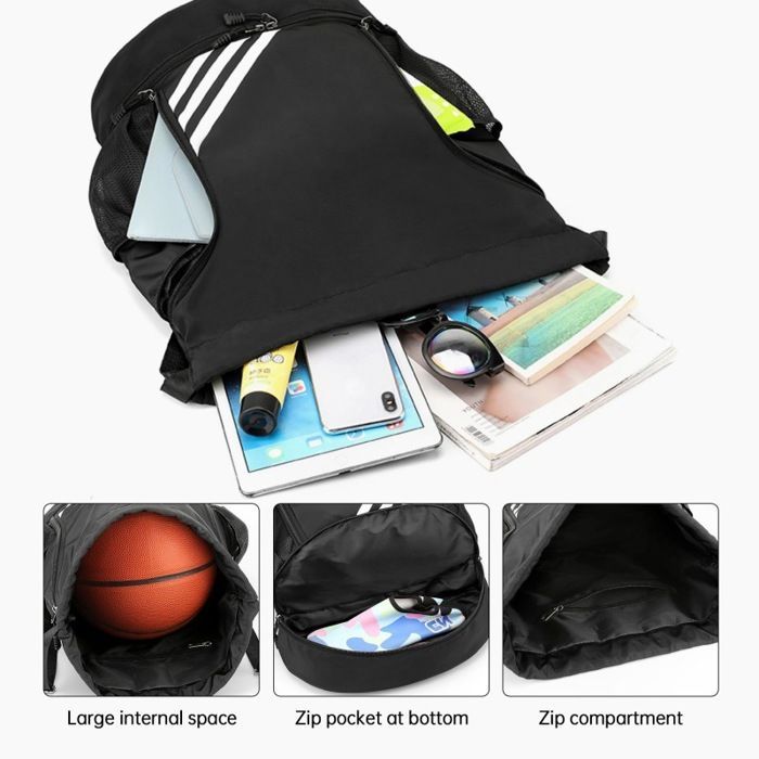 Mochila deportiva impermeable con cierre de cordón, compartimento para zapatos y bolsillos de malla para botellas de agua.