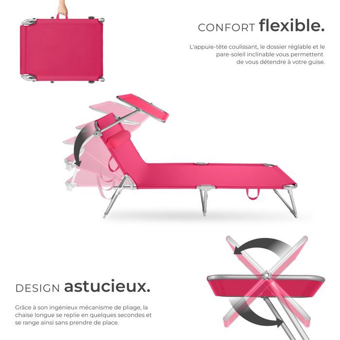 Sun lounger - TECTAKE - CHLOE folding garden sun lounger with 4 positions and headrest - Bright Pink