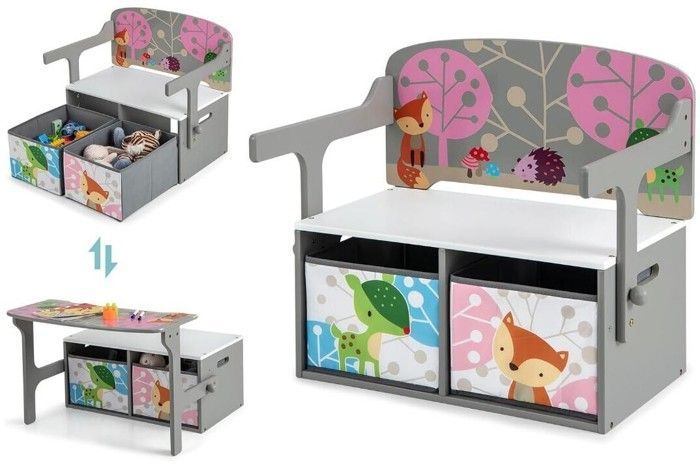 Omvormbare speelgoedkist - DREAMADE - 3-in-1 - Hout - 2 uitneembare stoffen bakken - Draagvermogen 60 kg - 60 x 42 x 57 cm - Grijs