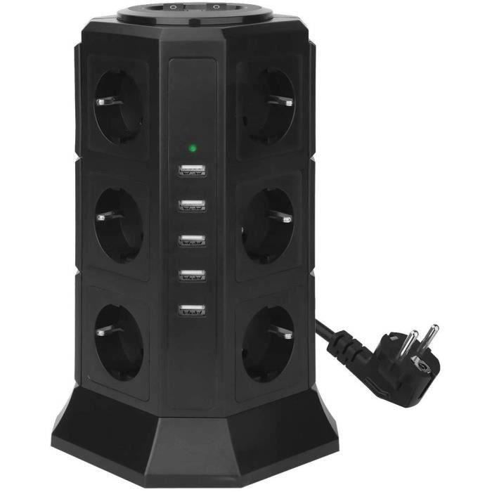 Regleta de enchufes BLEOSAN con protección contra sobretensiones, 12 tomas de corriente y 5 puertos USB (4,5 A) - Cable de 2 m - Negra