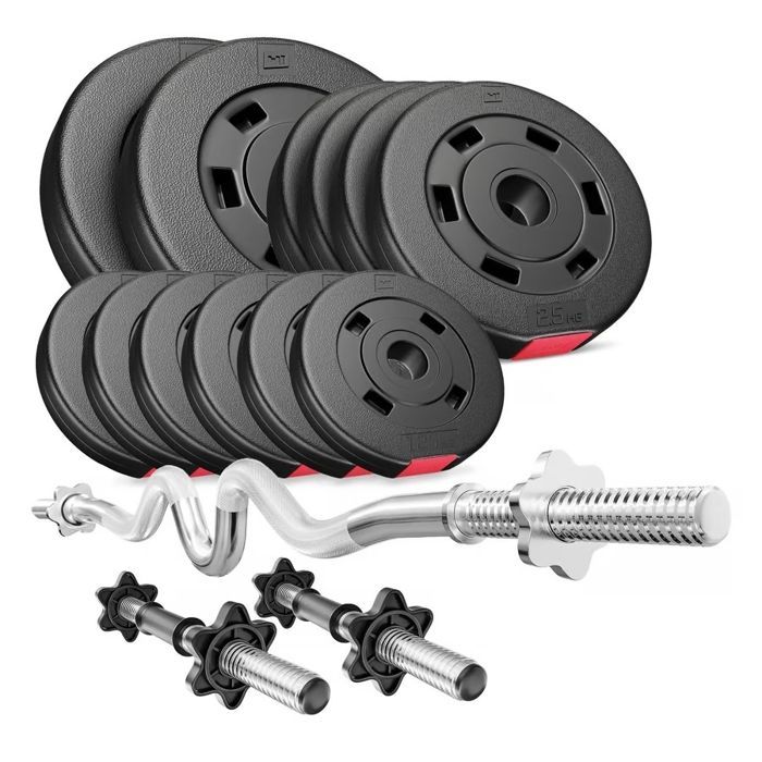 Hop-Sport halterset van 38 kg, Super Curl halterstang maat 120 cm, halters van 45 cm, gewichtsschijvenset (2x5 kg, 4x2,5 kg, 6x1,25 kg)
