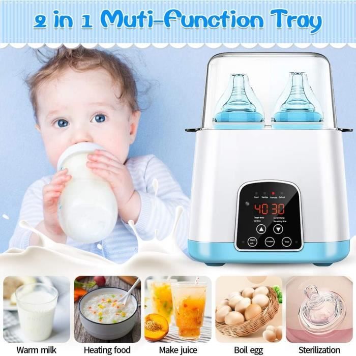 Draagbare 6-in-1 babyflesverwarmer, multifunctionele sterilisator met lcd-display, snelle verwarming, blauw