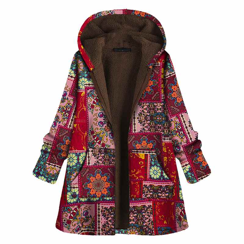 2021 Vinterfrakker Dame Varm Plysjjakke Vintage Print Langermet Parkas Dame Hettegenser Plysjjakke Manteau Femme Hiver