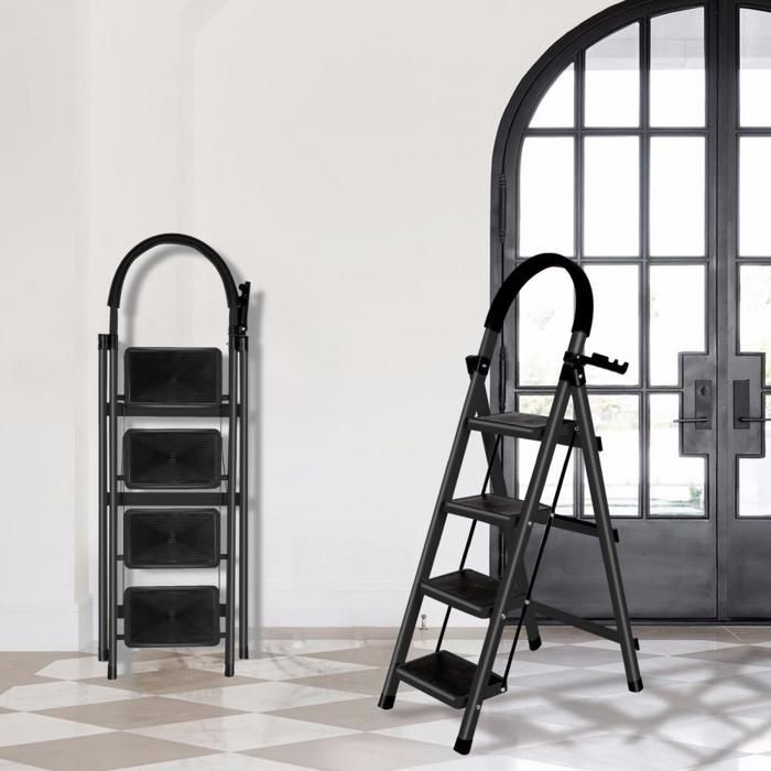 Escalera de aluminio plegable de 4 peldaños B.LIVEM, escalera multifuncional pequeña para el hogar, capacidad de 150 kg.