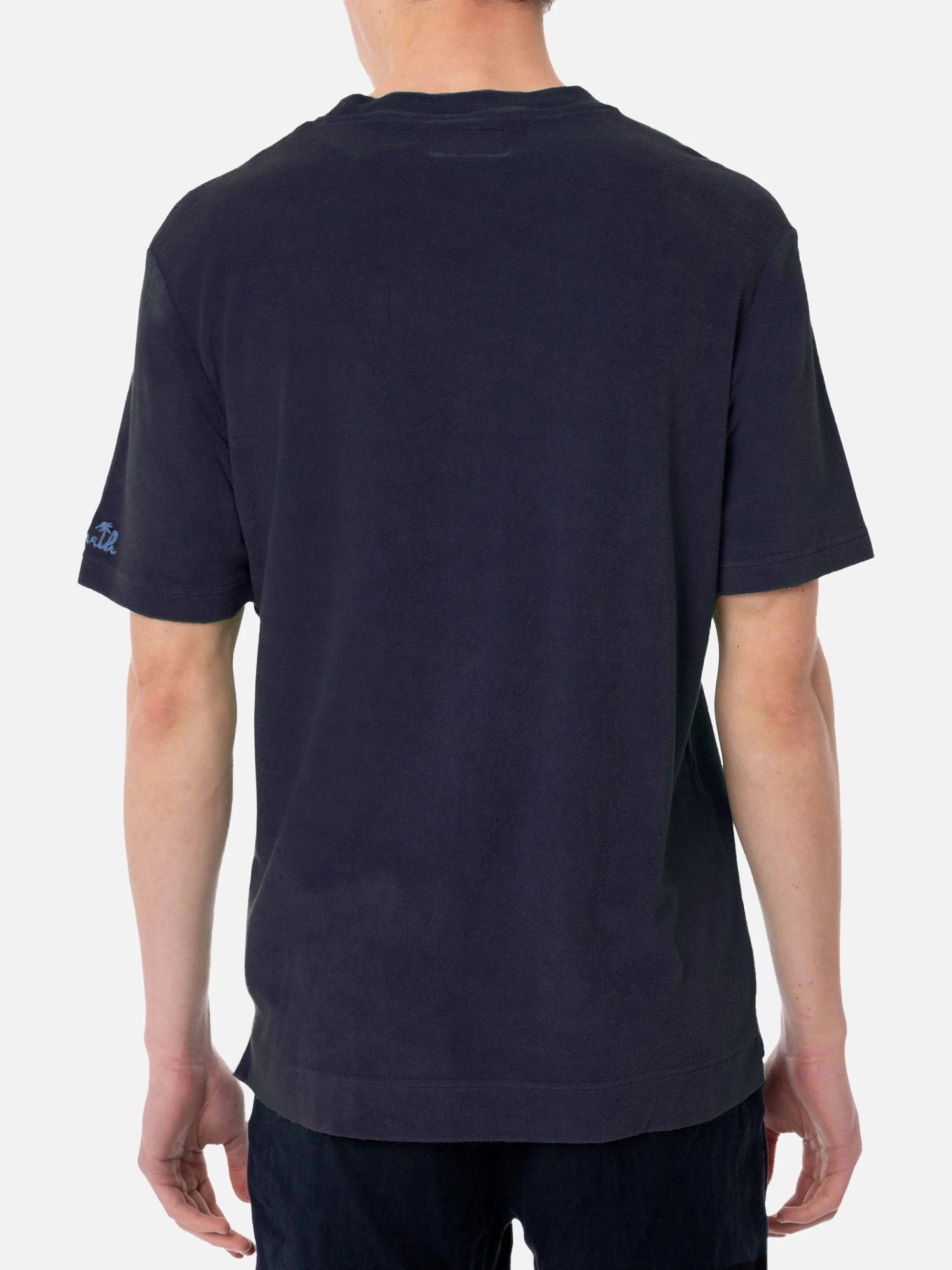 Heren T-shirt van marineblauwe badstof met zakje