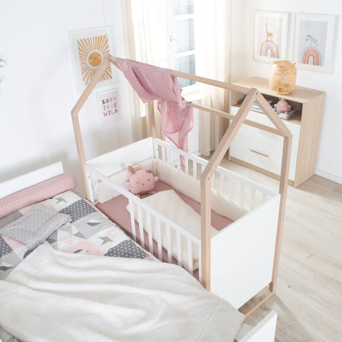 Conjunto completo de dormitorio infantil: cuna de 60 x 120 cm + cambiador convertible + armario - CABANE - ROBA - Roble / Blanco