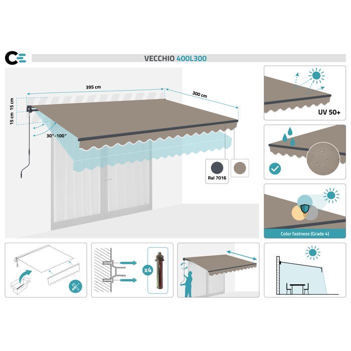 Manuelle Markise - Cazeboo - VECCHIO - 4x3m - Premium-Gewebe 320g/m² - Taupe - UV-beständig - Abdeckungsbereich 5m²