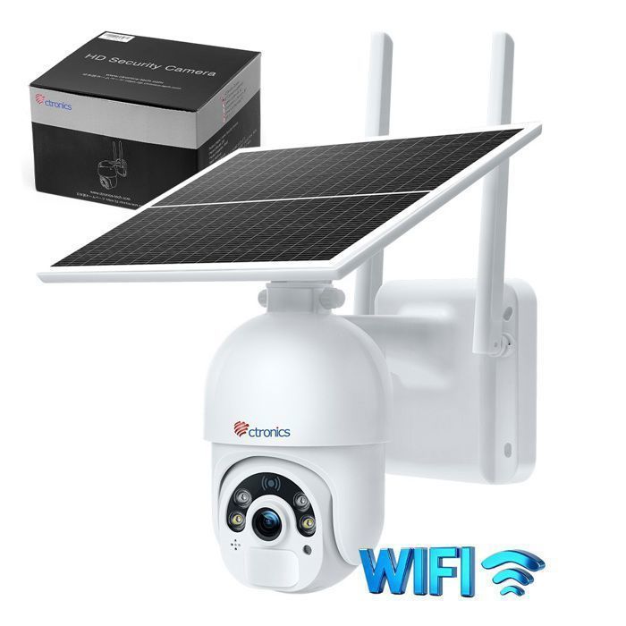 Ctronics 5MP bewakingscamera, 6W zonnepaneel, PIR-bewegingssensor voor persoonsdetectie en automatische tracking, hoorbaar en visueel alarm