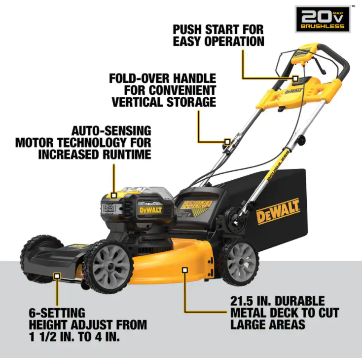 Cortador de grama autopropelido sem fio DEWALT MAX de 21,5 polegadas e 20V com bateria de íon de lítio.