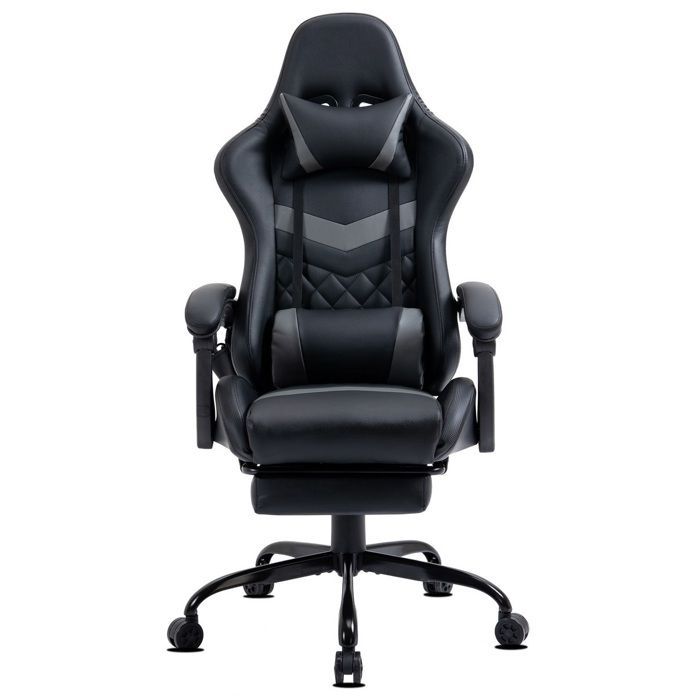 Sedia da gaming ergonomica in similpelle con poggiapiedi e massaggio a 6 punti, schienale reclinabile, base in metallo, colore grigio Delman.