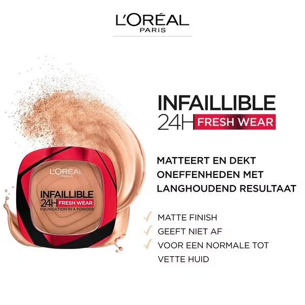 „L'Oréal Paris Infaillible 24H Fresh Wear 245 Golden Honey“ makiažo pagrindas pudros pavidalu, 9 g