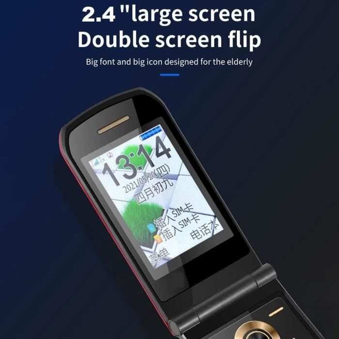 Ontgrendelde mobiele telefoon voor senioren, klaptelefoon met grote knoppen, dubbel 2,4 inch scherm, FM-radio, goudkleurig