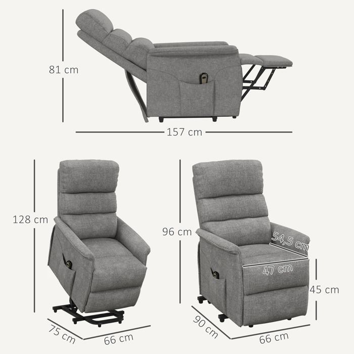 Sillón elevador eléctrico - HOMCOM - reposapiés - respaldo reclinable - mando a distancia con funda - gris