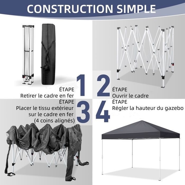 Cenador de jardín de 3x3 m, pabellón de jardín plegable, fácil instalación, diseño desplegable con puertas y ventanas - Impermeable y resistente a los rayos UV.