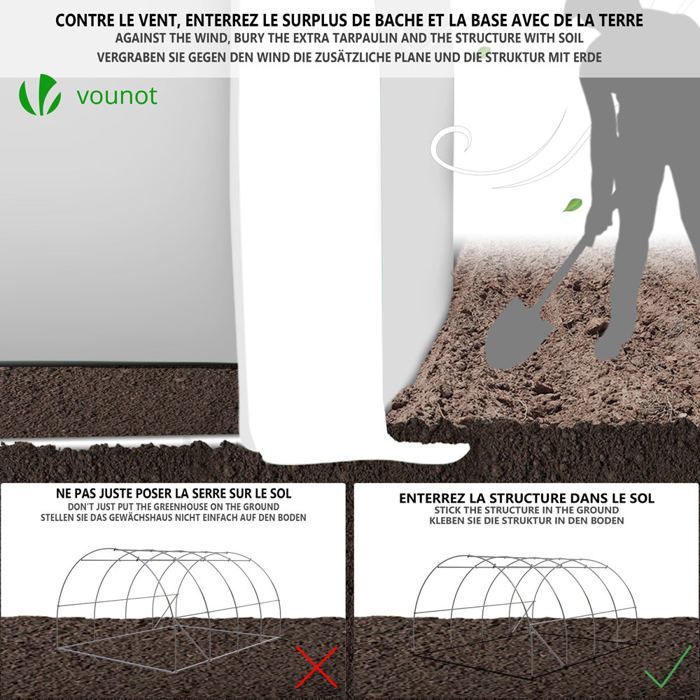 VOUNOT® Serre de jardin tunnel Toute Saison 12m² blanc - acier galvanisé - fenêtres et portes latérales zippées enroulables