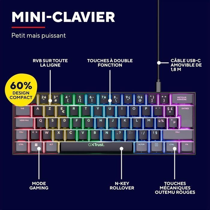 Tastiera meccanica da gioco RGB al 60% - TRUST GAMING - GXT 867 Acira - Switch di precisione - Formato compatto - PC