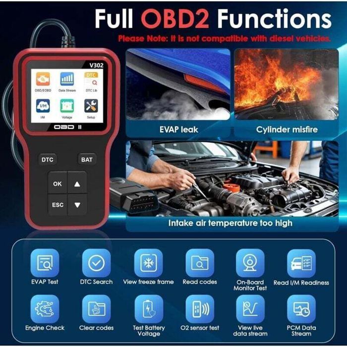 OBD2 autodiagnosescanner V302, multi-merk codelezer, OBDII-tool voor auto's sinds 1996