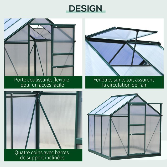 Invernadero de policarbonato para jardín - Outsunny - Resistente a los rayos UV 30+ - con base reforzada - 190 x 192 x 201 cm - Verde oscuro