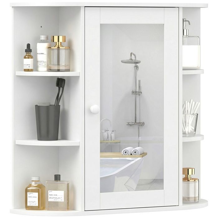 Armoire murale avec miroir salle de bain - HOMCOM - rangement toilettes 1 porte étagères  latérales - MDF - blanc