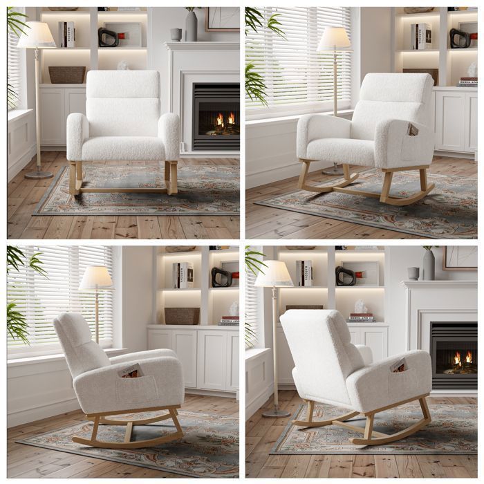 Sedia a dondolo, sedia a dondolo per allattamento, gambe in legno massello, velluto effetto orsacchiotto, stile scandinavo, bianca
