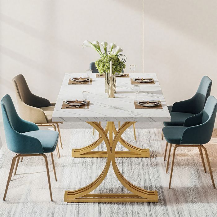 Table à manger moderne - 160×80×75 cm - Piètement structure métal - Pour salle à manger, cuisine (blanc/doré)