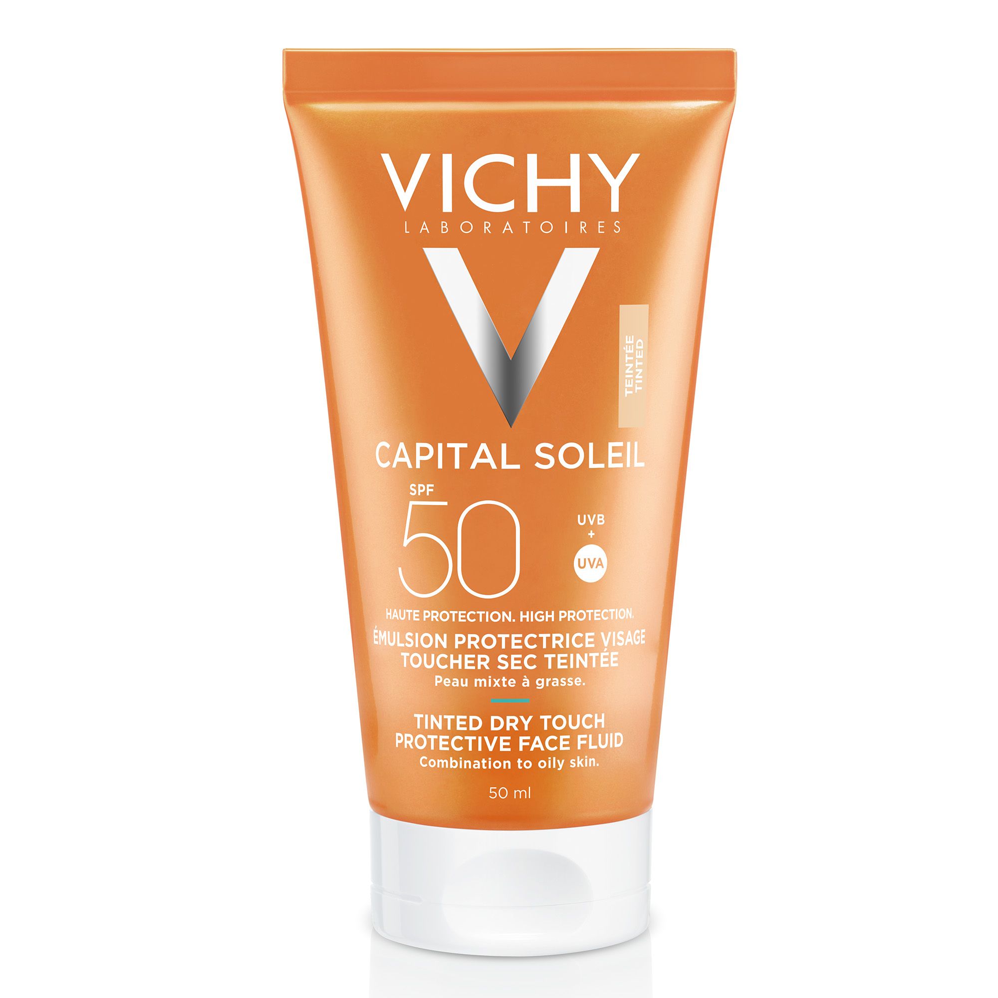 Zaščitni fluid Capital Soleil z barvo, suh na dotik SPF 50 Zaščita pred soncem iz lekarne