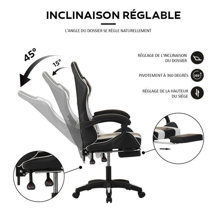 Chaise Gaming - Ergonomie Chaises de Gamer - Support Lombaire - Pédales Rétractables - Blanc