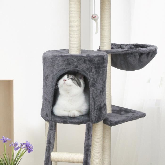 Árbol rascador para gatos JIPSY gris, 79 x 34 x 138 cm - 3 plataformas, 1 percha, 1 escondite, 1 escalera, postes rascadores