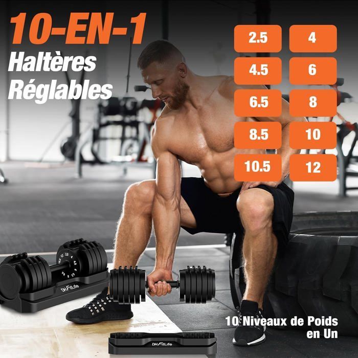 Halteres ajustáveis DH FitLife 12kg, 2,5-12kg, 10 níveis de peso, conjunto com anilhas, 10 em 1